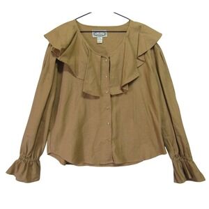 Bonjour Ruffle Collar Blouse Womens Large Tan Linen Blend Long Sleeve Vintage
